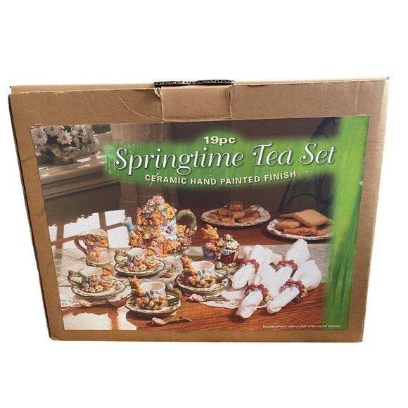 Vintage Dining 9pc Springtime Tea Set Ceramic Hand Painted Bunny